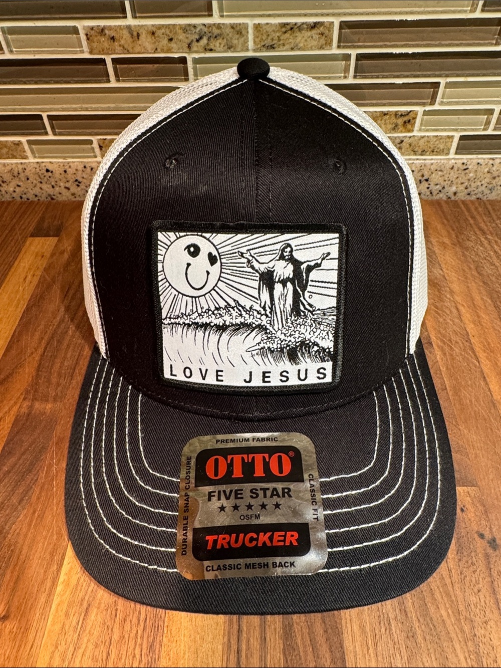 OTTO Black & White Trucker Hat with 'Love Jesus' Patch